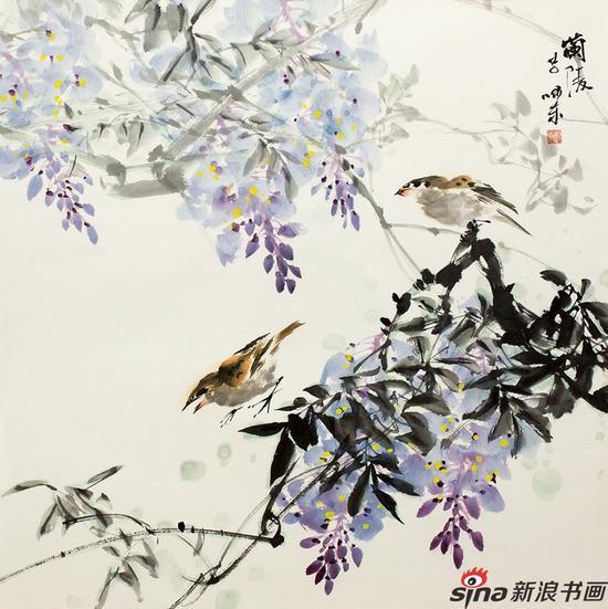 李嘯东《紫藤双鸟》