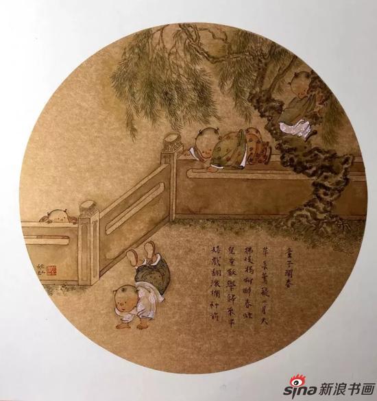 姚红《童子闹春》纸本水墨 45×45cm