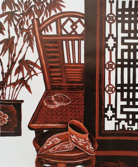版画《默然成双》 释义:和你必爱过千百世,今生重逢才无一言