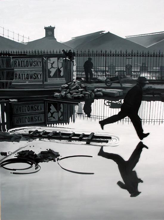 刘港顺, Liu Gangshun, 瞬间(仿布莱松), Moment(derived from Cartier Bresson), 布面油画, oil on canvas, 198x147.5cm, 2004