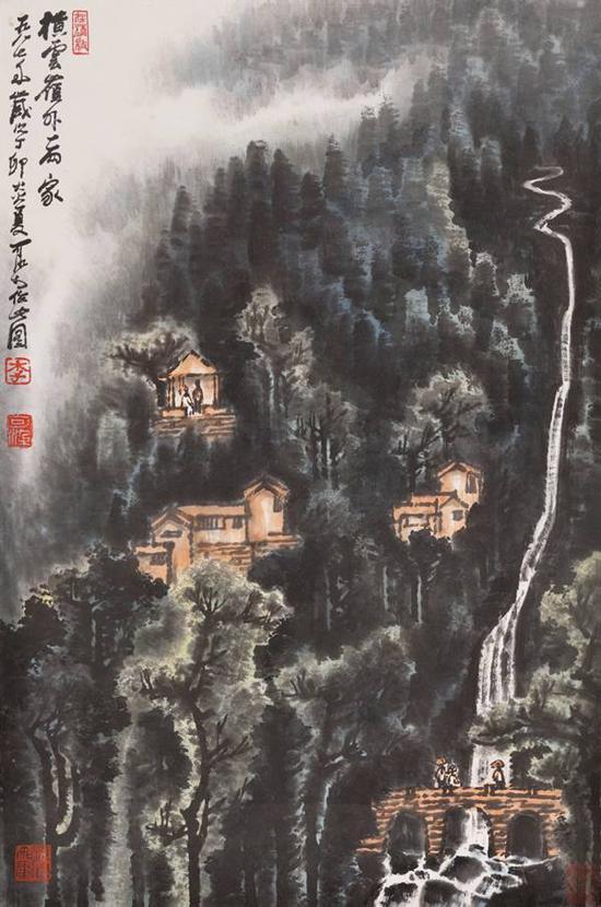 李可染 横云岭外一两家 设色纸本镜心 1987年作 尺寸:69 × 46 cm