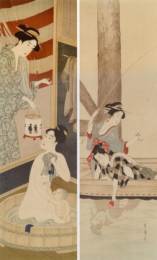 喜多川歌磨 出浴图 肉笔 设色绢本 尺寸:110×31 cm