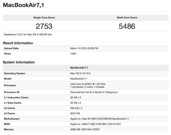 升级款11英寸MacBook Air跑分(图片来自primatelabs.com)