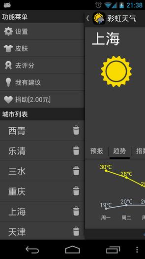 彩虹天气遵循Android Design,界面简洁,信息也足够丰富