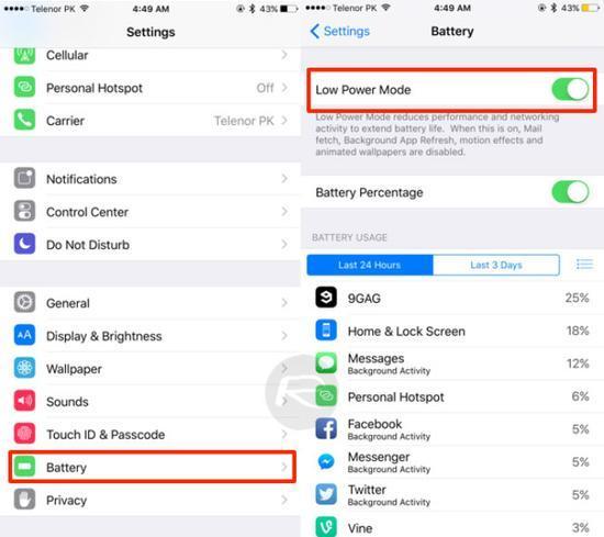iOS9省电模式(图片引自微博)