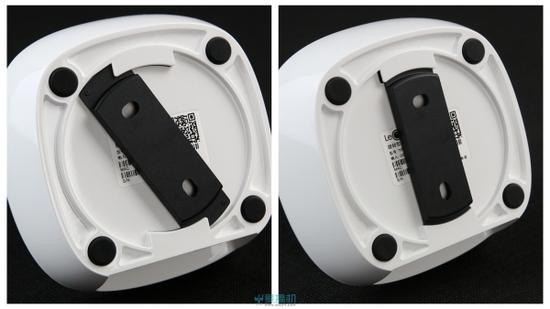 底座铭牌印有绑定用的二维码,内凹型的底座为墙面固定架留了空位,通过旋转可以卡住机器,设计比较精巧。