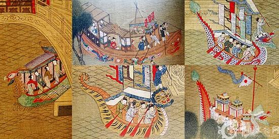 看了仇英《清明上河图》中的这些龙舟、凤舟和虎舟,感觉现在每到端午节出来的那些龙舟真是逊毙了,这几个舟的造型完胜当今端午舟。
