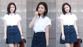 陈妍希白衣蓝裙似少女