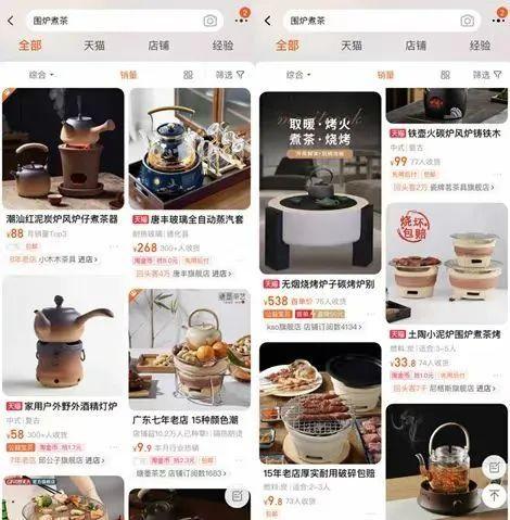 淘宝上的“围炉煮茶”炉,9-500元不等。/淘宝截图