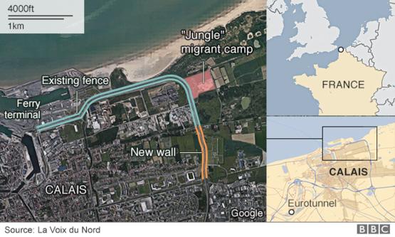 位于法国加莱的“丛林”难民营以及未来将建成的隔离墙地理位置 来源BBC