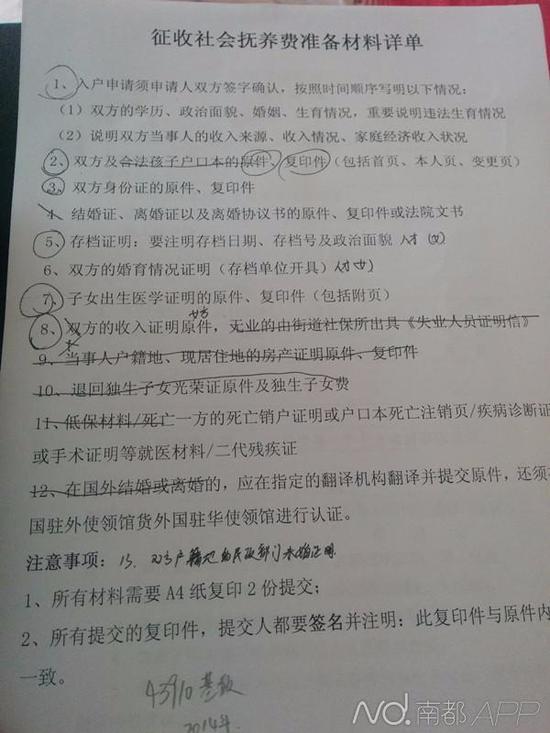 一份征收抚养费准备材料清单。