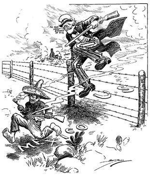 美国报纸上的漫画:越过边境追捕墨西哥农民袭击者的山姆大叔。反映了当时美国人对墨西哥游击队的态度。