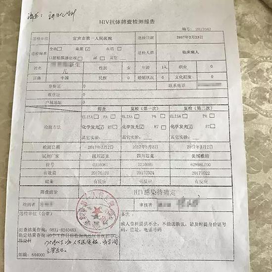 医院出具的资料显示,姜梅和费小华的新生女儿艾滋感染待确定。