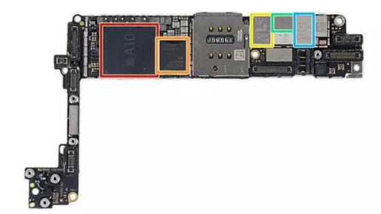 iPhone 7 拆解后的集成电路。