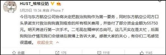 狗主人称,东方航空公司已经垫付部分治疗费用