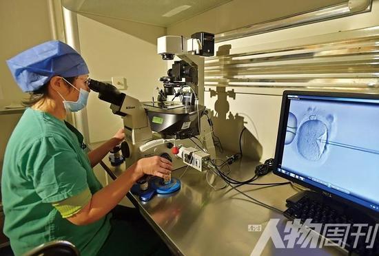 武汉协和医院生殖医学中心胚胎移植实验室,医生正将精子注入卵子。由于生二胎者增多,做试管婴儿的妇女平均年龄已增长了两岁