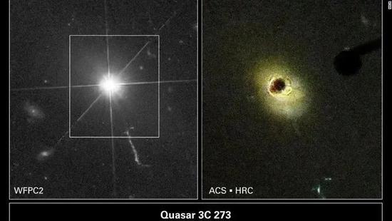 哈勃空间望远镜拍摄的“头号”类星体3C 273。3C 273太亮(左),遮住它并长时间曝光,才能辨认出它的宿主星系(右),以及它处在星系中心的位置。