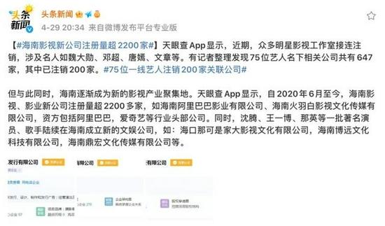 有许多明星在海南海口注册新公司