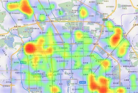 北京市情趣类APP打开率热力分布图,其中中关村、后厂和三里屯等区域人群使用最活跃。图片来源于网络