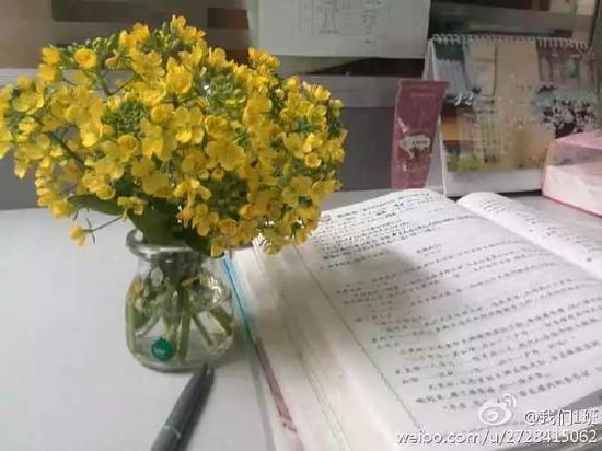 一个小孩悄悄放在王老师办公桌上的“春天”。受访者供图