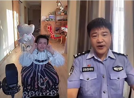 与反诈民警陈国平连麦时,主播@赤酱 摘掉假发,揪住耳朵蹲在了地上。