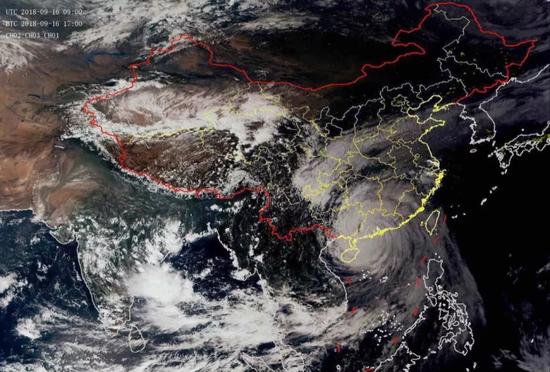 “山竹”登陆时刻卫星云图。来源:中国气象局