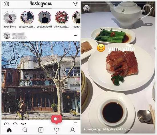 左:好友的Stories会在首页上方显示;右:Stories页面