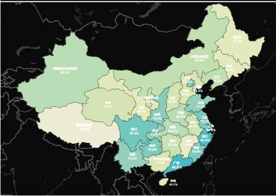 《2018应届生就业选择报告》全国各省高校毕业生留存率图