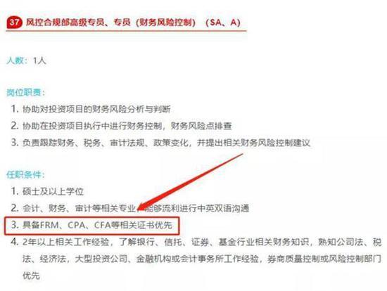 如果还觉得目标遥远,再看最基本的专员任职要求,也是具备FRM等证书优先。