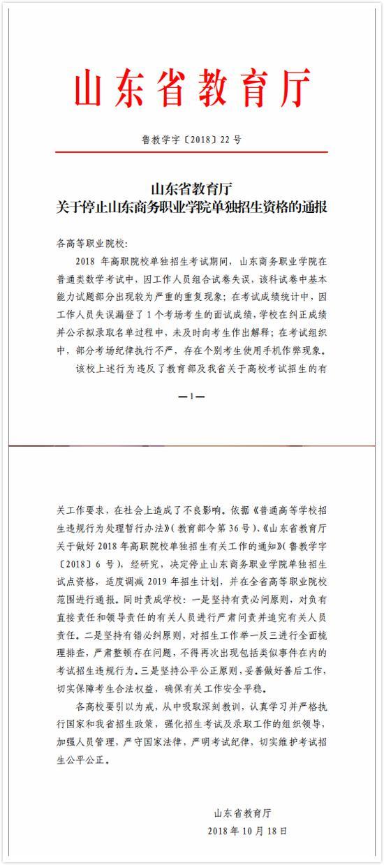 《山东省教育厅关于停止山东商务职业学院单独招生资格的通报》