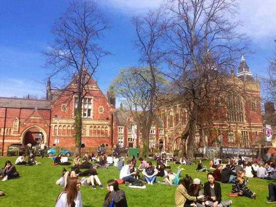 英国利兹大学,同学们在草坪上晒太阳。胡曼/供图