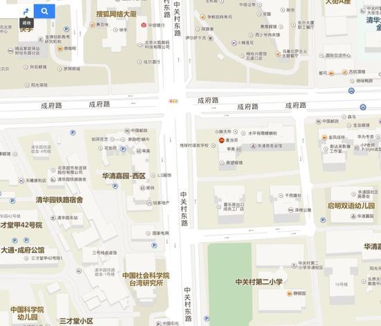 搜狐所在位置,东南角就是中关村二小,正北方是清华大学。