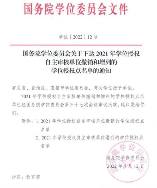 《国务院学位委员会关于下达2021年学位授权自主审核单位撤销和增列的学位授权点名单的通知》。 来源:中国科学技术大学国家示范性微电子学院官网