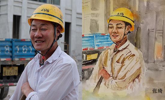 学生为工人手绘的肖像画