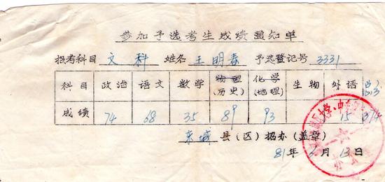 1981高考预考成绩通知单