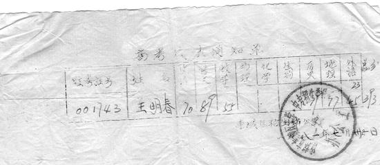 1981高考成绩通知单