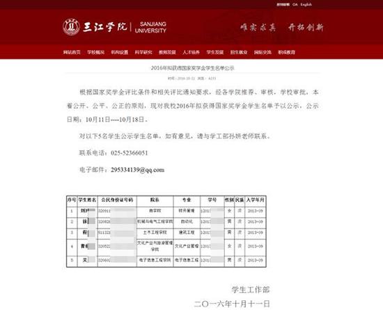 三江学院学工部在三江学院官网上发布的《2016年拟获得国家奖学金名单公示》截图。图片系澎湃新闻基于保护隐私需要打码,原页面没有打码。