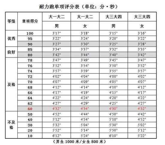 大学生耐力跑(男1000米/女800米)评分标准