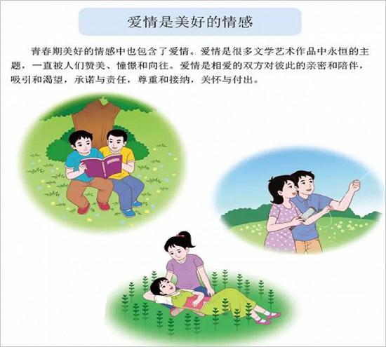 ▲ 《读本》中关于“爱情”的陈述,认为“爱情是相爱的双方对彼此的亲密和陪伴,吸引和渴望,承诺与责任,尊重和接纳,关怀与付出”。 北师大儿童性教育