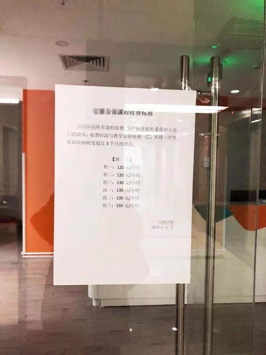 某机构门口张贴的“课程收费标准”。新京报记者 方怡君 摄