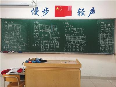 10月19日,学校一间空教室的黑板上,留着李永乐前一天录制视频时的板书。新京报记者 王双兴 摄