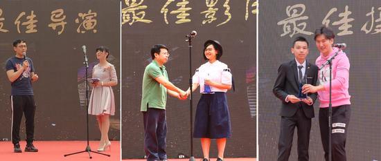 央视著名主持人白行朗(左)、阿丘(中)、内地演员王若麟(右)为第九届微电影节颁奖