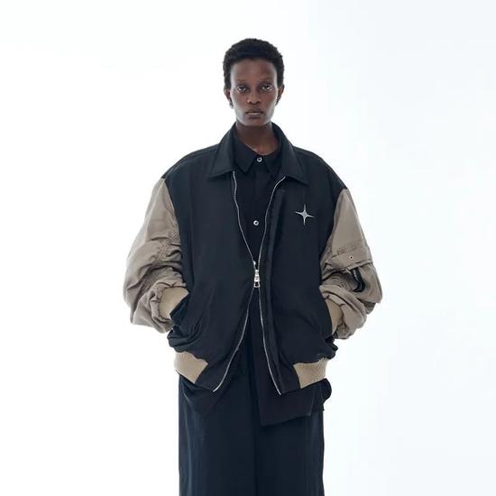 ANTERIOR LOVED 十字星抽皱撞色翻领宽松休闲空军夹克棉服