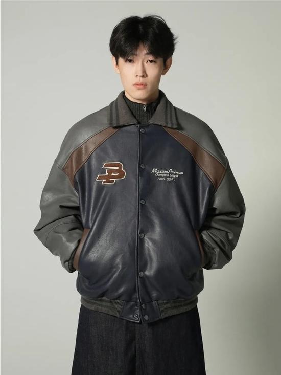 MASONPRINCE 秋冬复古拼接棒球皮夹克