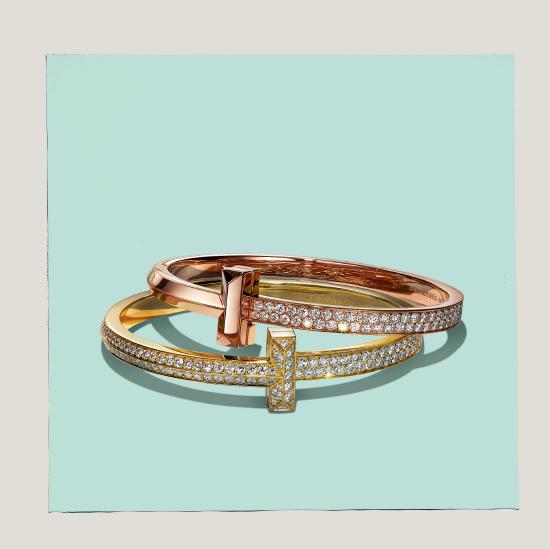Tiffany & Co. 蒂芙尼T1系列18K玫瑰金镶钻宽式手镯及18K黄金镶钻宽式手镯