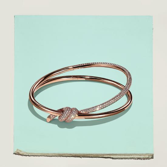 Tiffany & Co. 蒂芙尼Knot系列18K玫瑰金铺镶钻石双行手镯