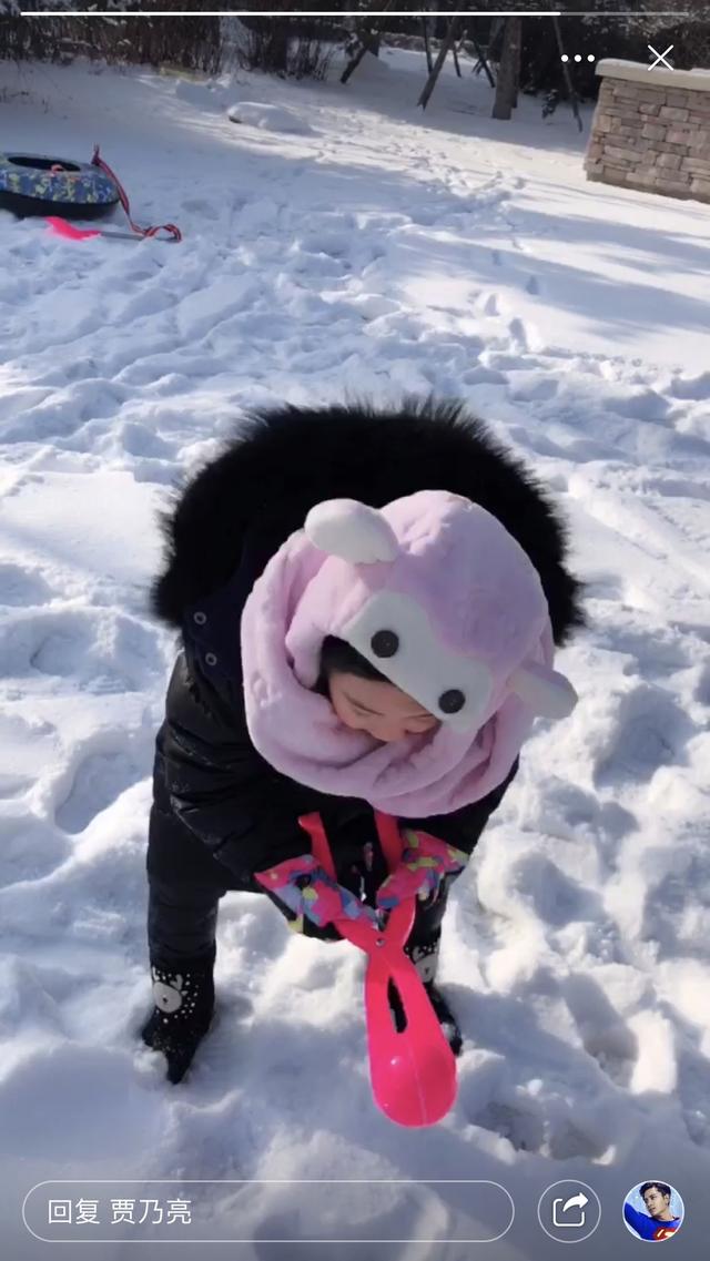 贾乃亮带娃玩雪冻到咳嗽 甜馨经典表情重现