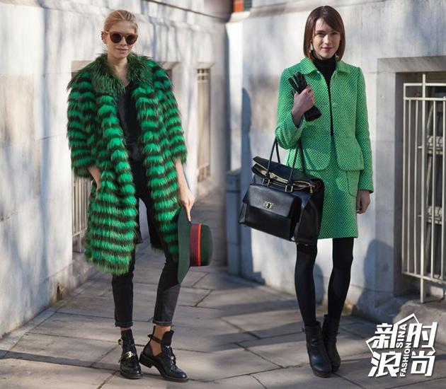 街拍:绿色皮草+绿色套装
