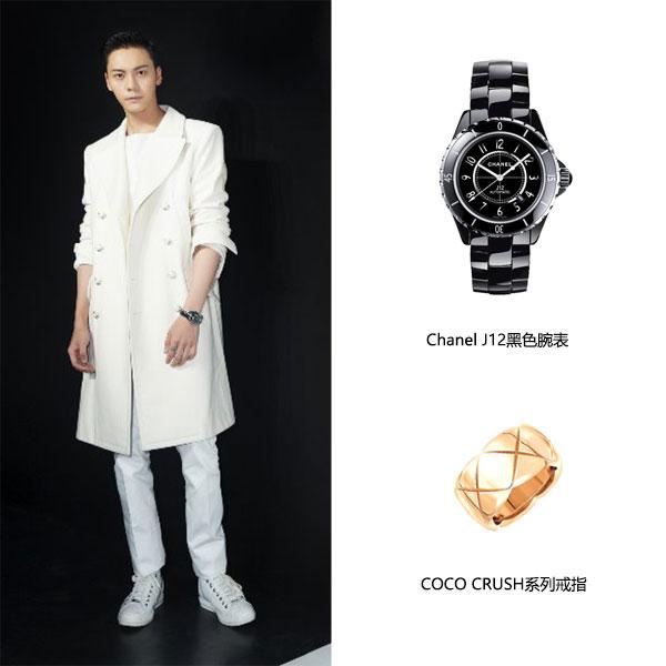 陈伟霆佩戴COCO CRUSH系列Beige(米色)18K金戒指,以及J12黑色腕表