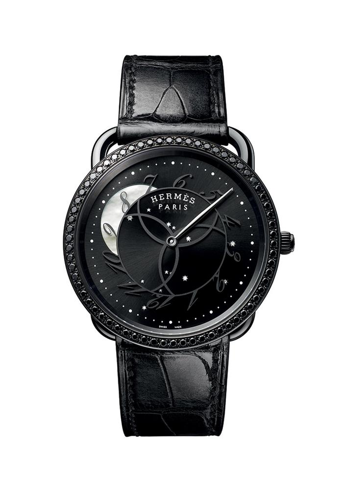 爱马仕Arceau Ronde des heures 哑光拉丝不锈钢腕表,配亮面鳄鱼皮表带